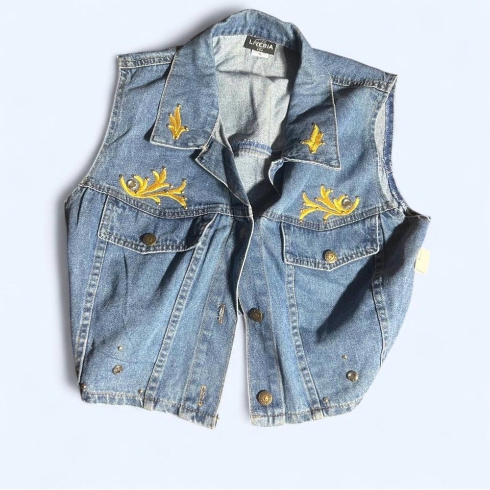 Vintage Liveria Denim Vest with Yellow Embroidery